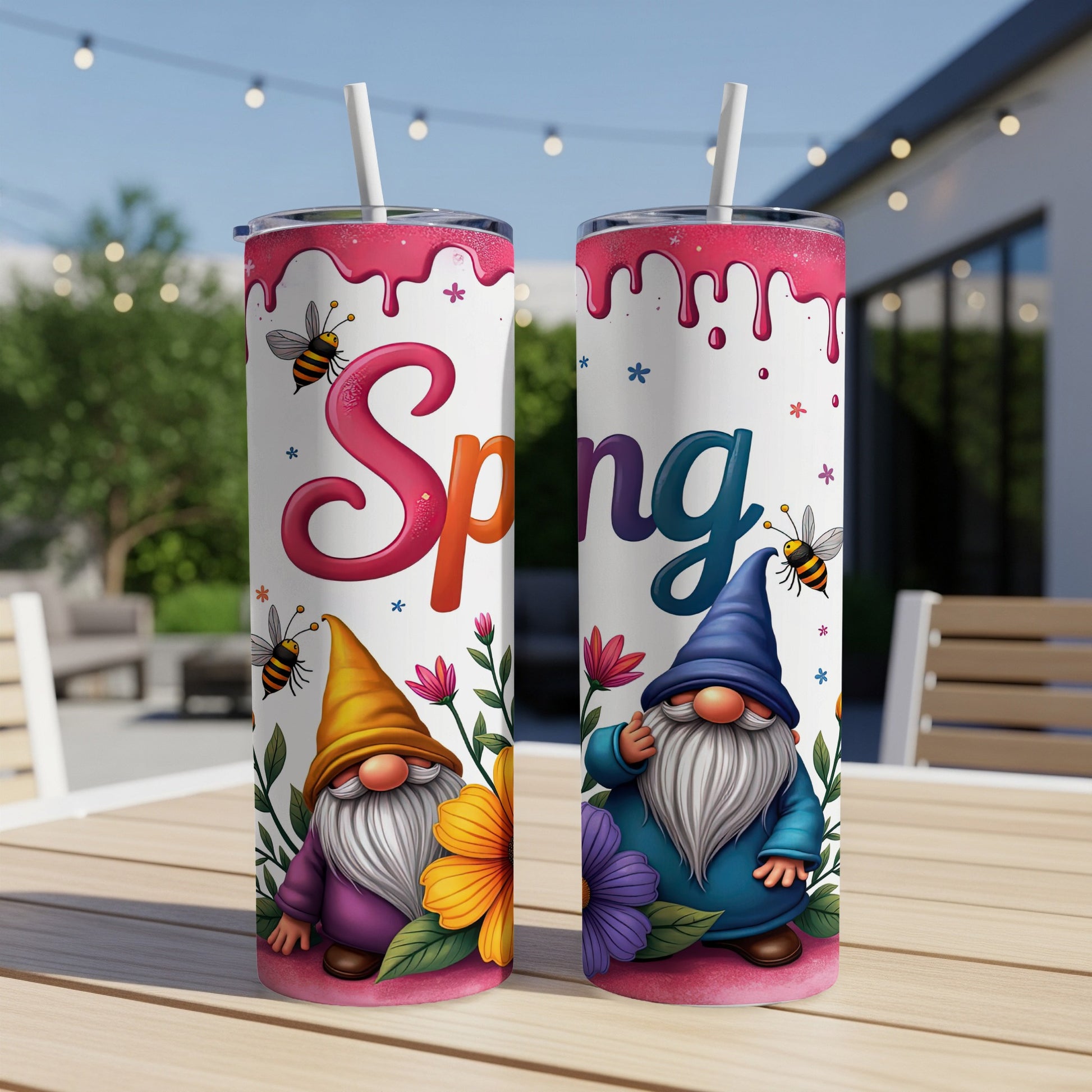 Two spring-themed tumblers with gnomes, bees, and flowers, reading "Sping".