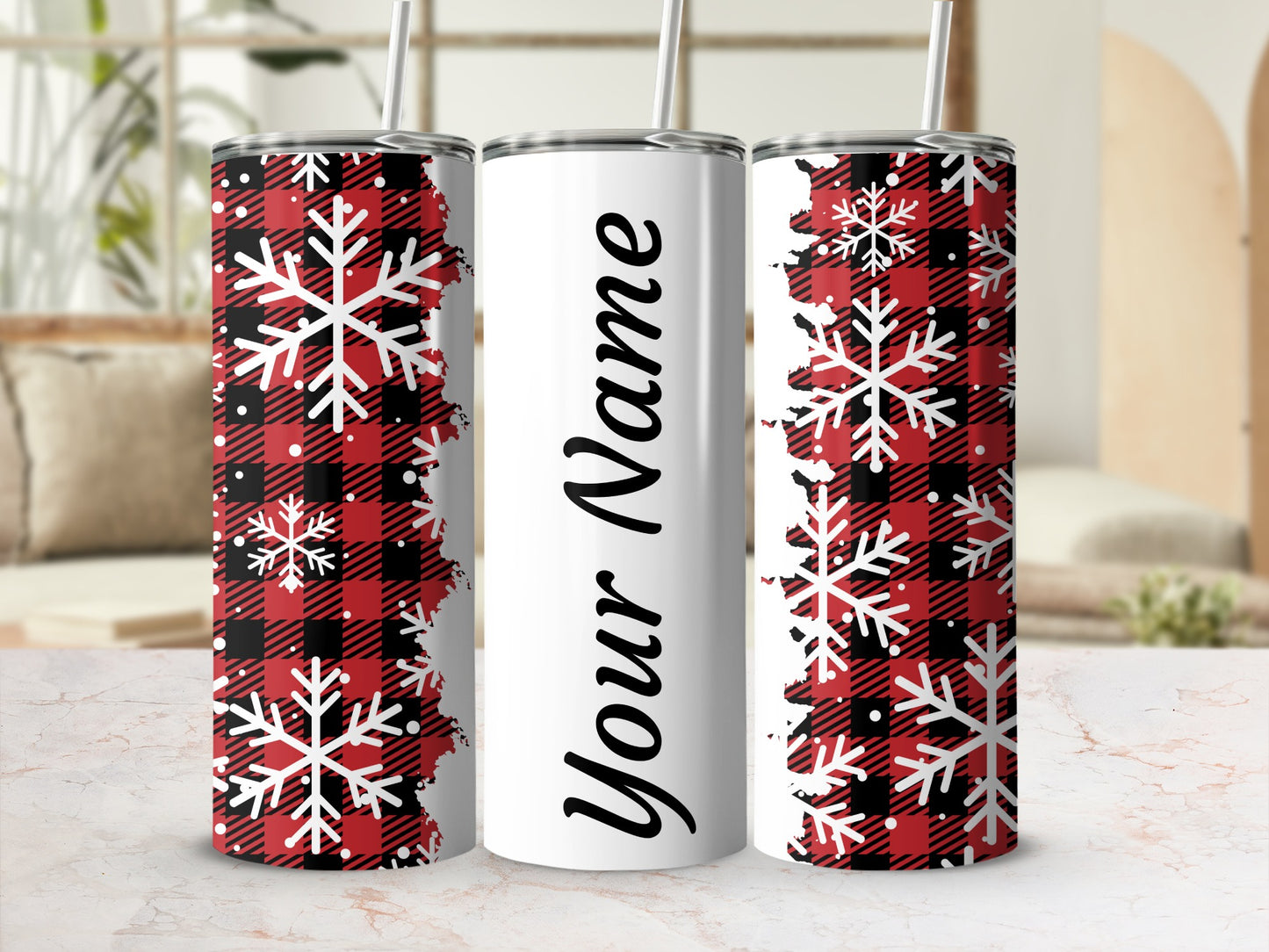 Personalized Snowflake Plaid Tumbler with Your Name