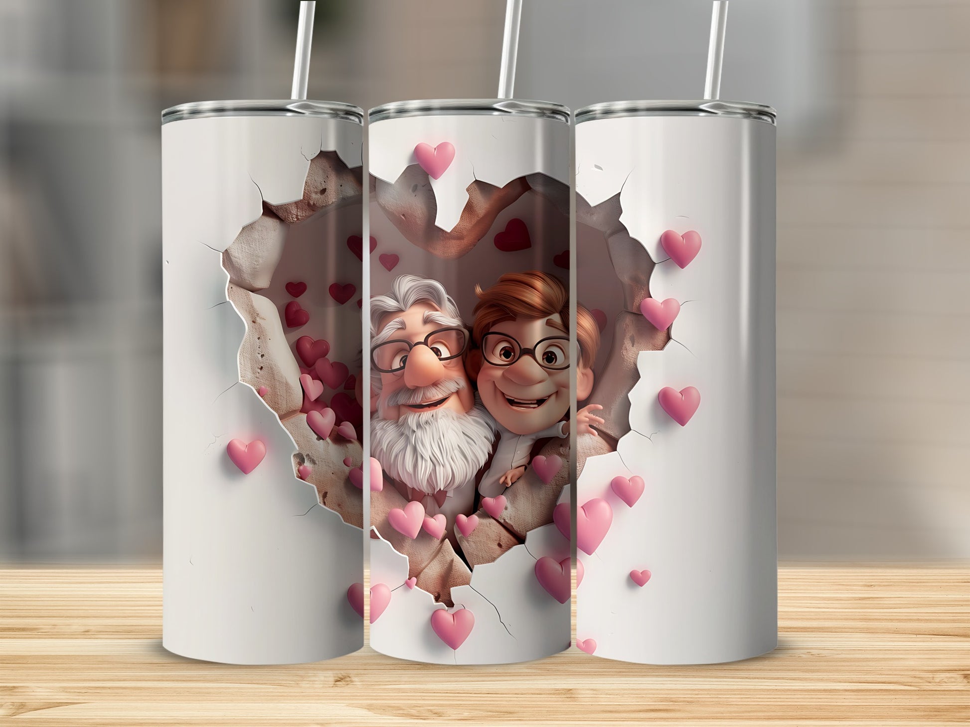 Cartoon couple bursting through a cracked heart with pink hearts.