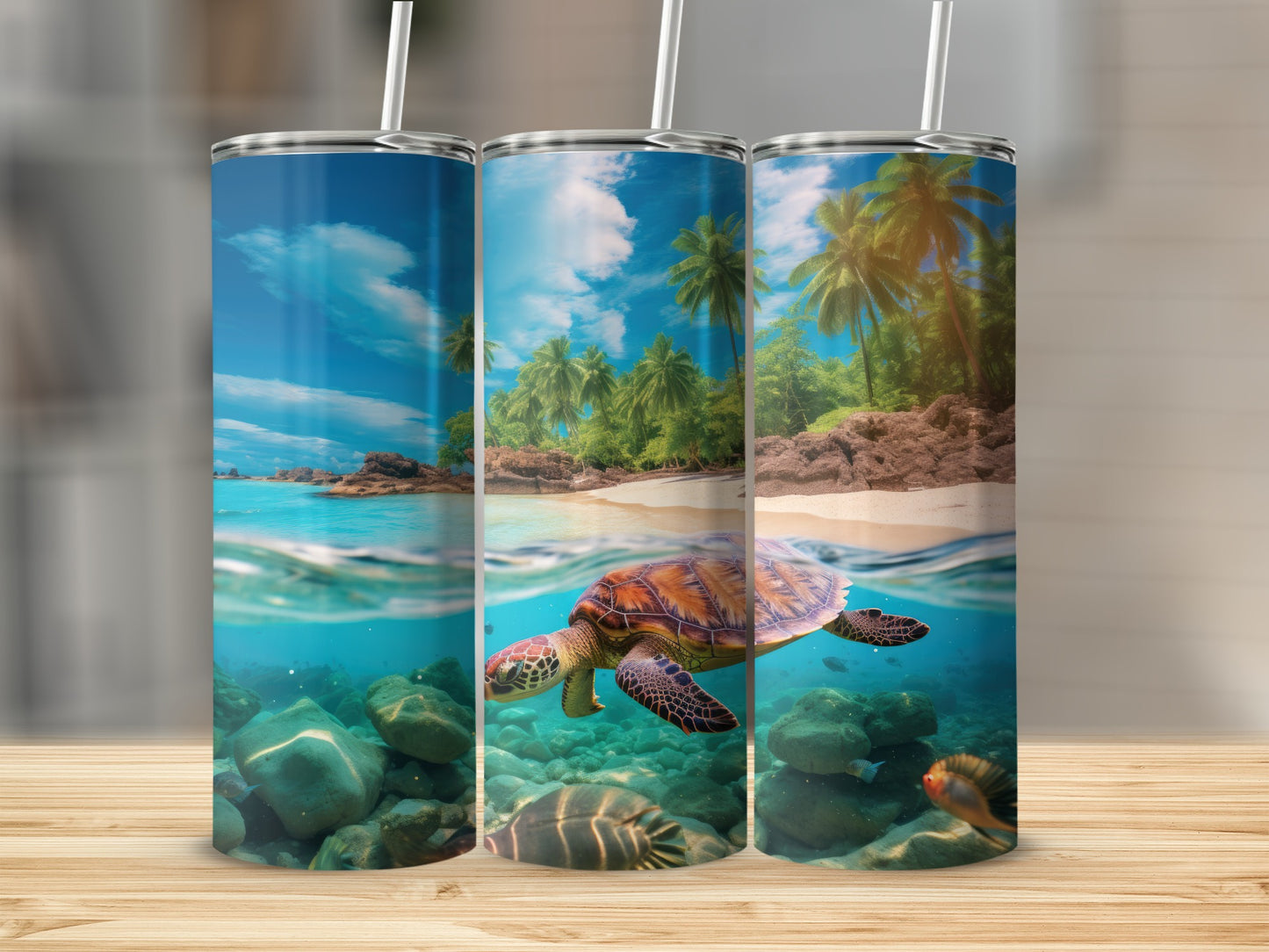Sea turtle swimming in clear ocean water with tropical beach in background.
