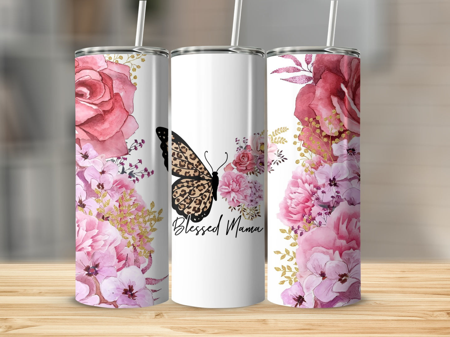 Elegant Floral Blessed Mama Tumbler With Straw