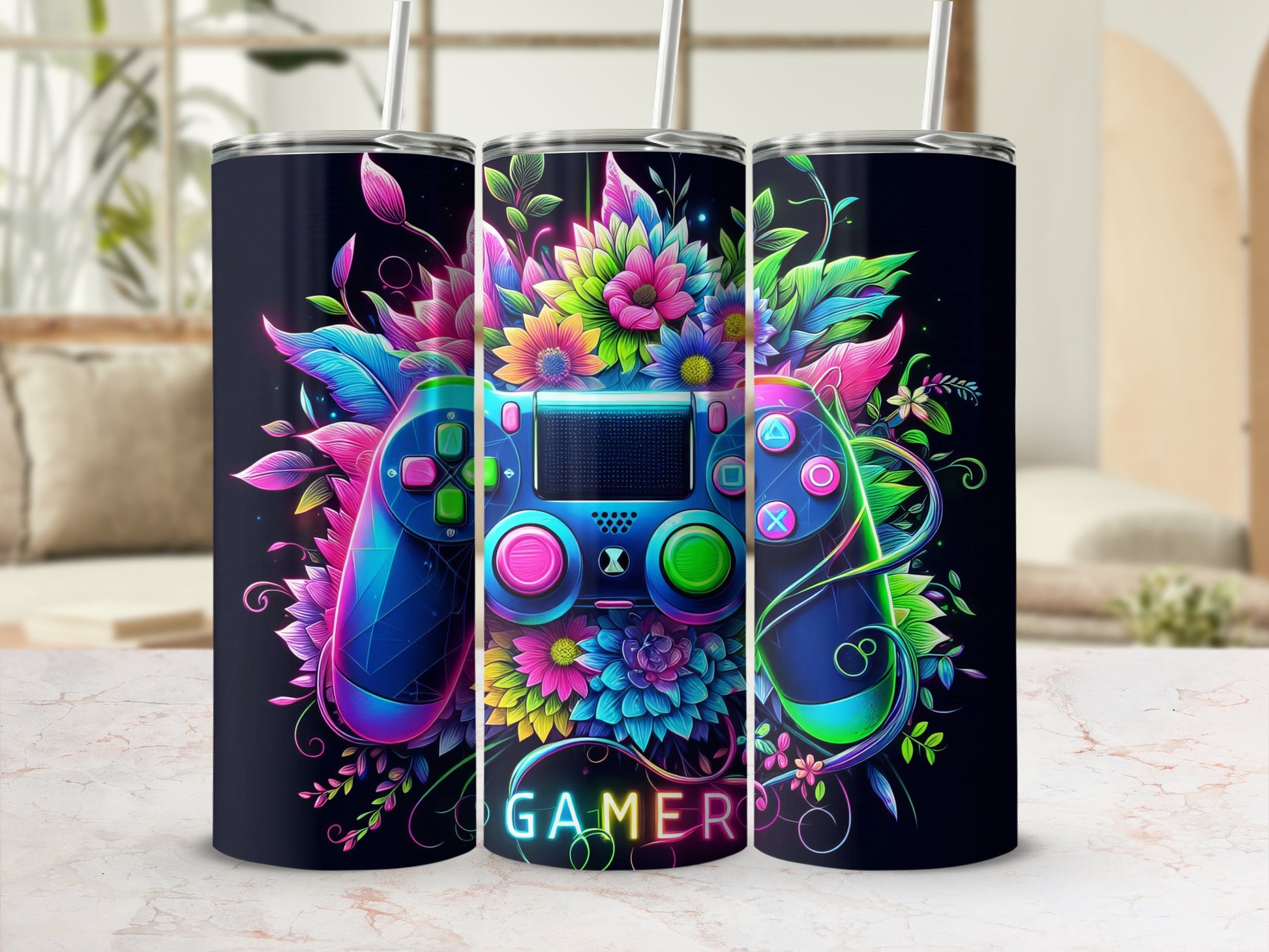Neon gaming controller with colorful floral accents on black tumbler.