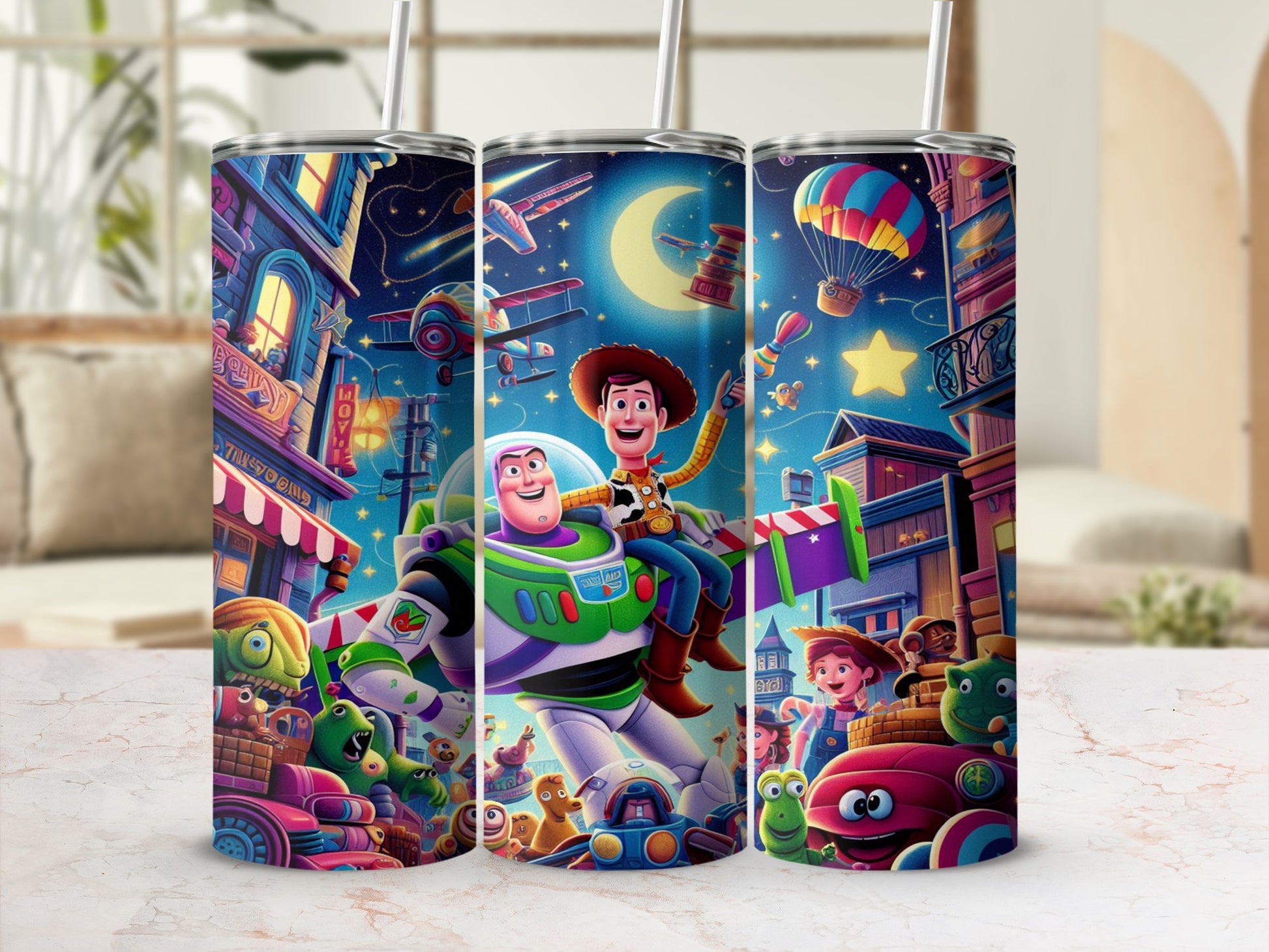 Toy Story characters Buzz Lightyear and Woody on a colorful tumbler.