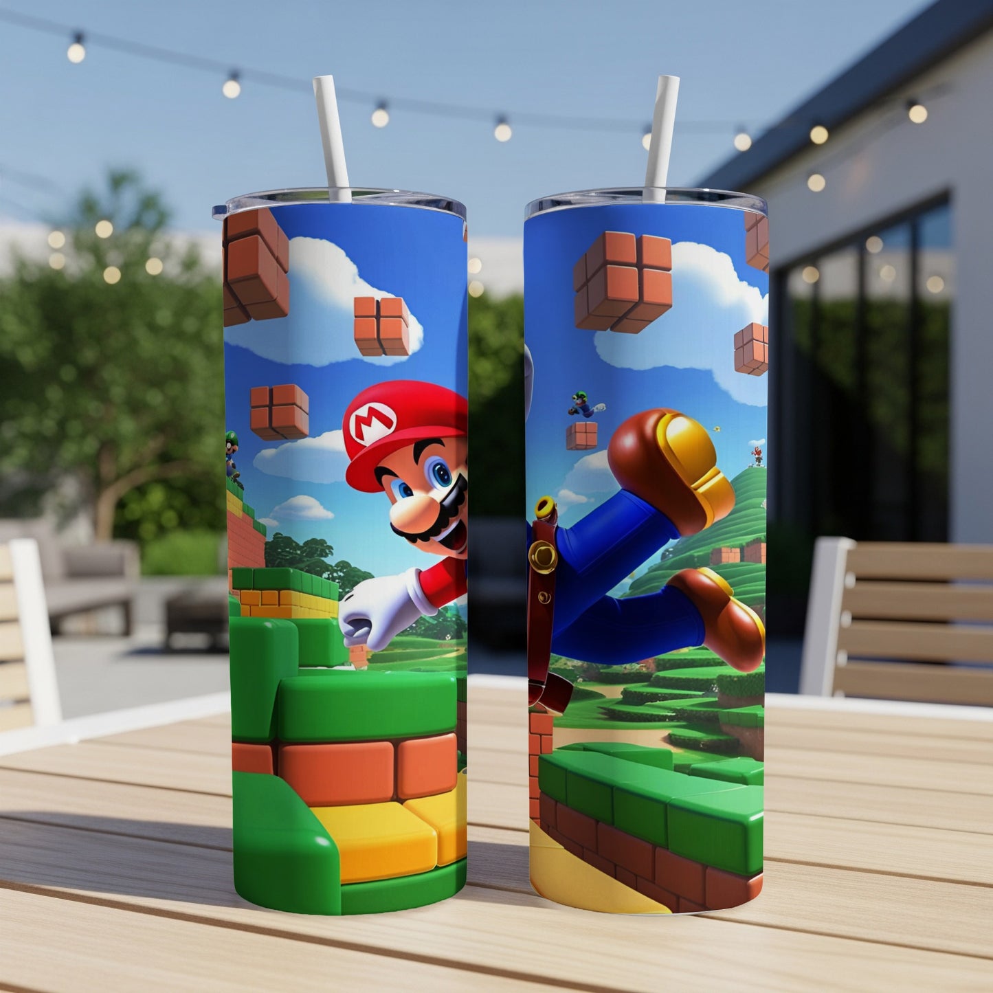 Super Mario character in action, jumping across colorful blocks in a video game scene.