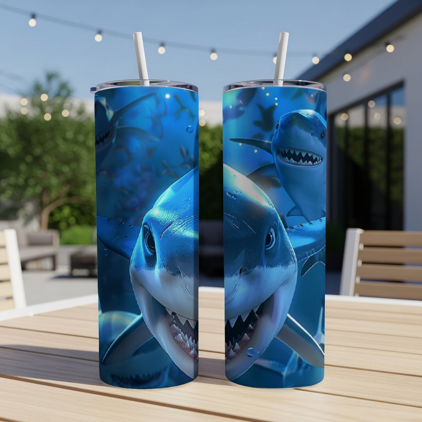 Two tumblers featuring aggressive cartoon sharks on a blue background.