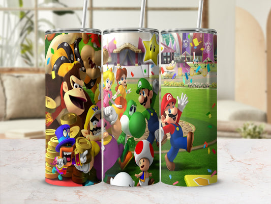 Mario characters in a parade with colorful banners and castles.
