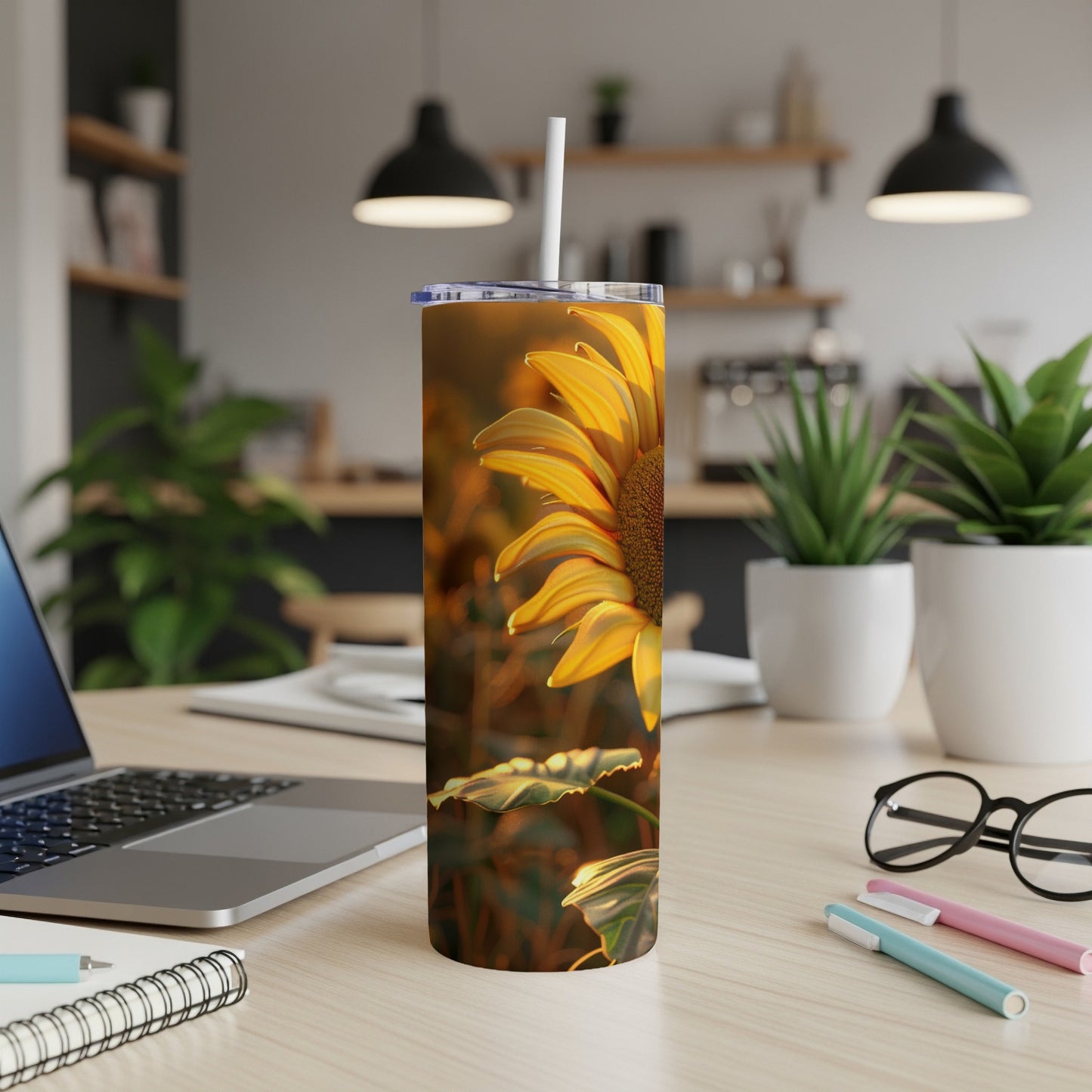 Tall tumbler featuring a close-up of a sunflower in sunlight.