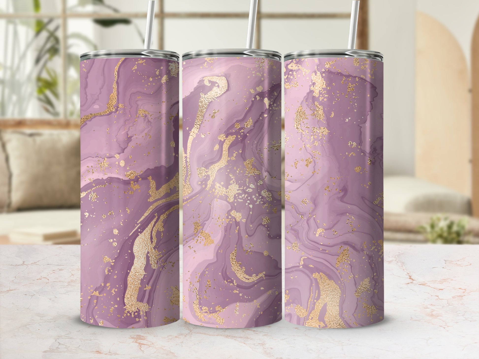 Three tumblers with a marbled purple and gold design.