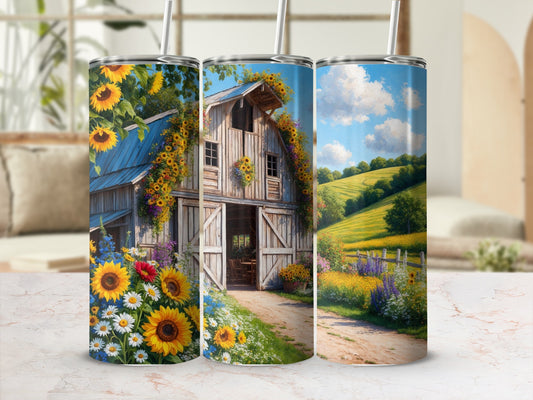Sunflower and daisy barn scene on a tumbler.