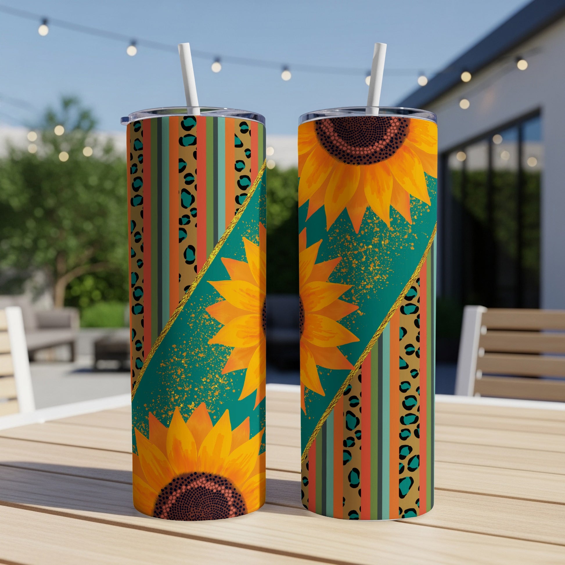 Two tumblers with sunflowers and leopard print designs sit on a table.