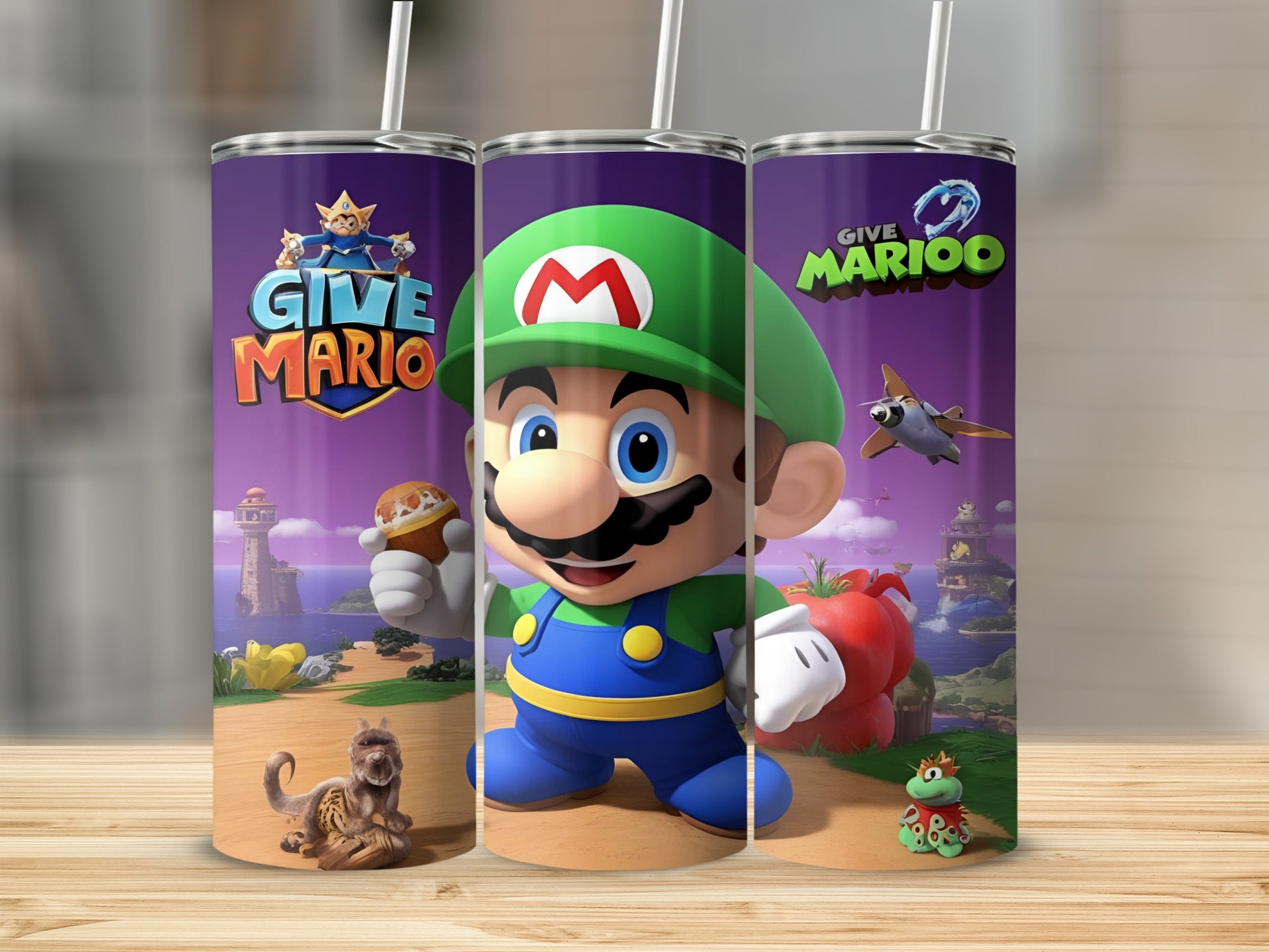 Super Mario characters on a purple tumbler with "Give Mario" text.