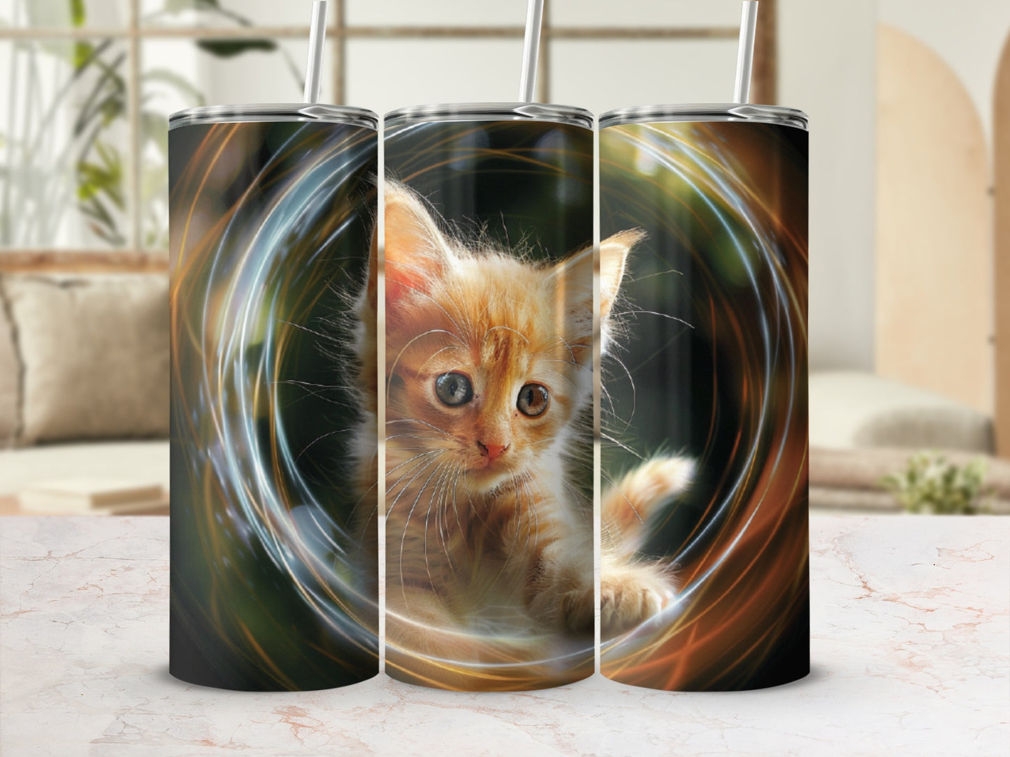 Orange kitten with heterochromia peering through a swirling light effect.