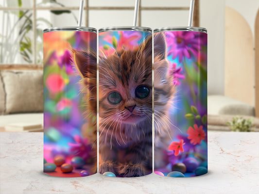 Topsy-turvy kittens on a floral tumbler with colorful bokeh background.