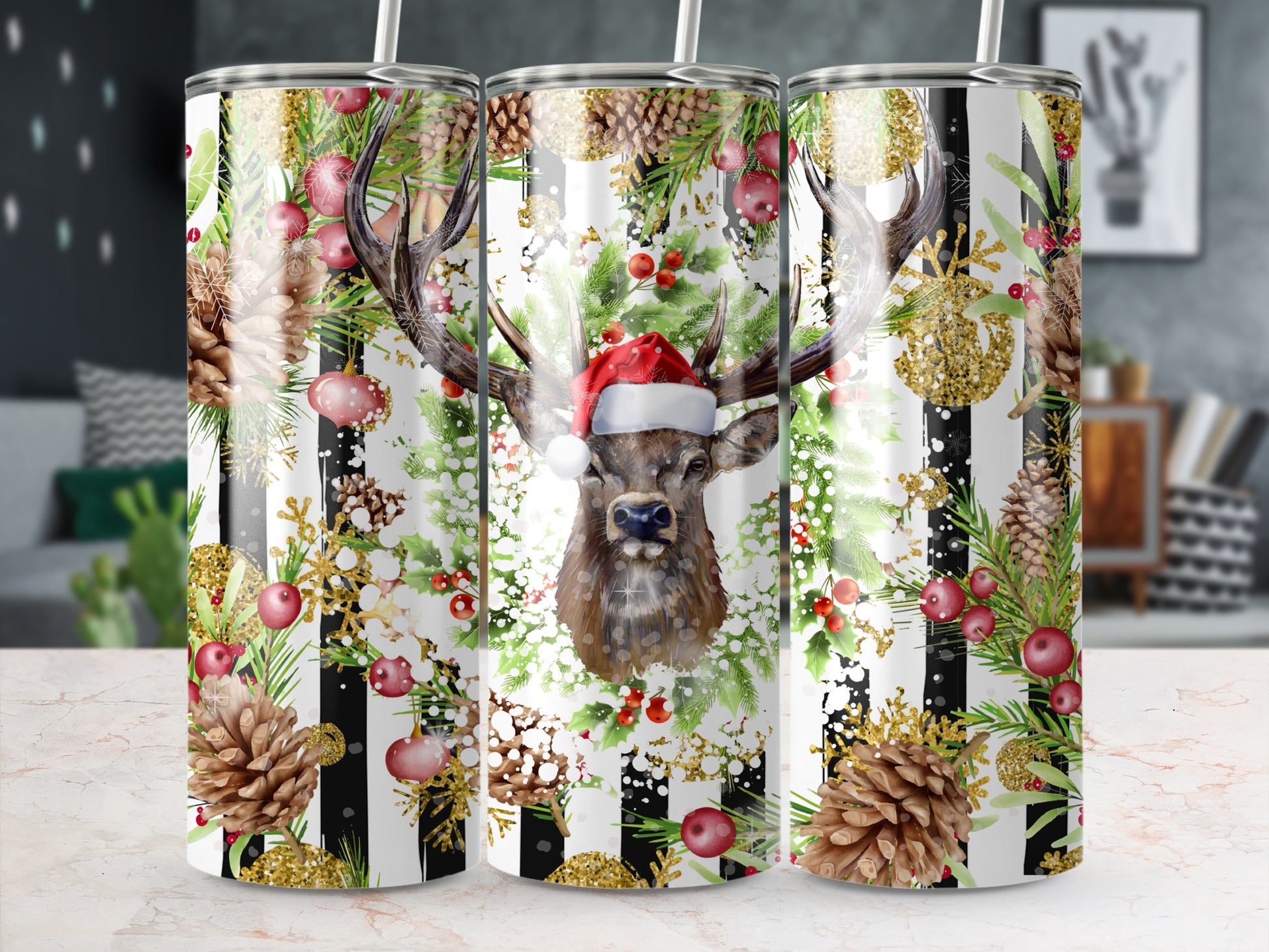 Deer in Santa hat with festive winter pattern on a tumbler.