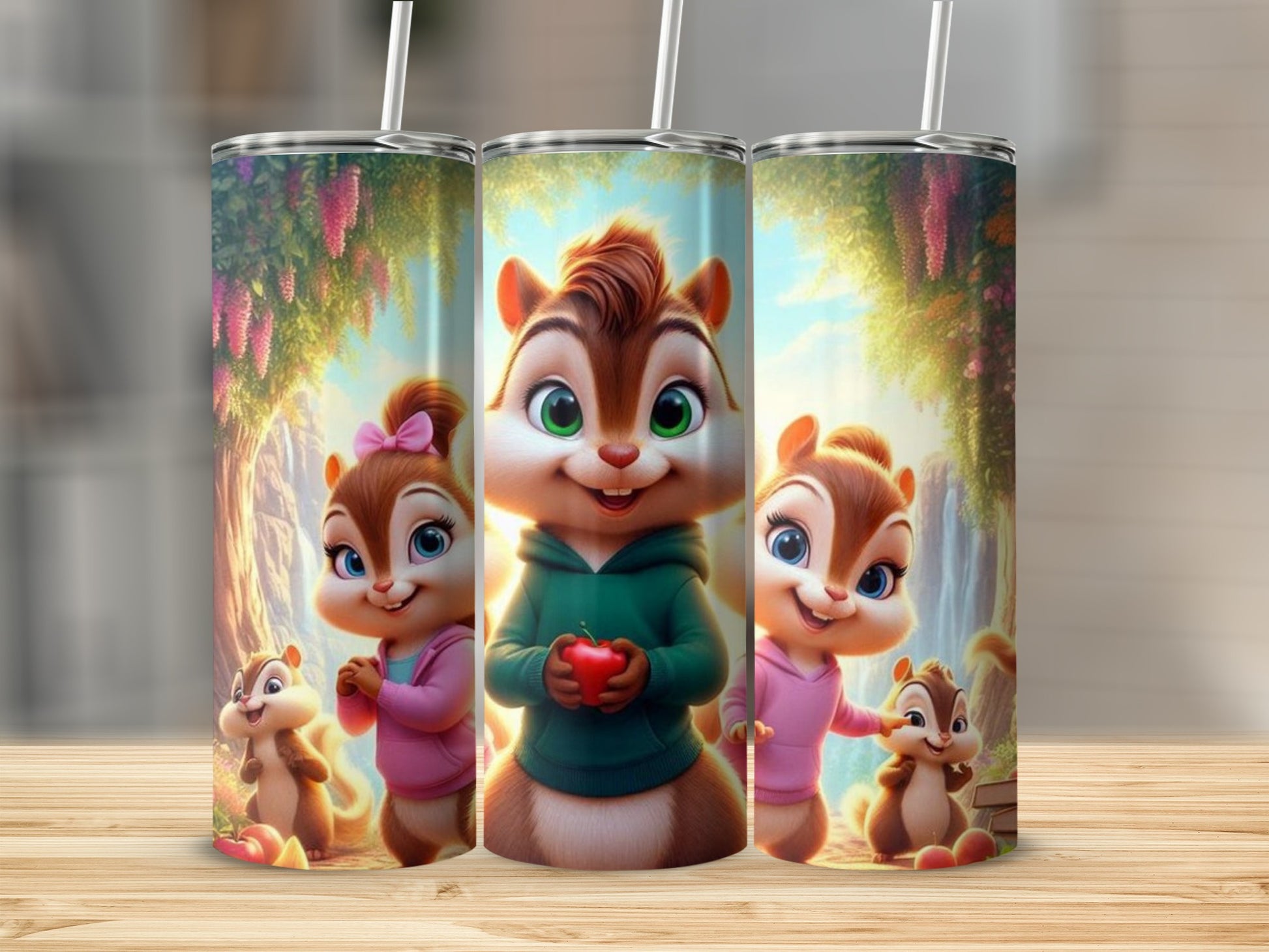 Adorable Cartoon Chipmunks Design Stainless Steel Tumbler