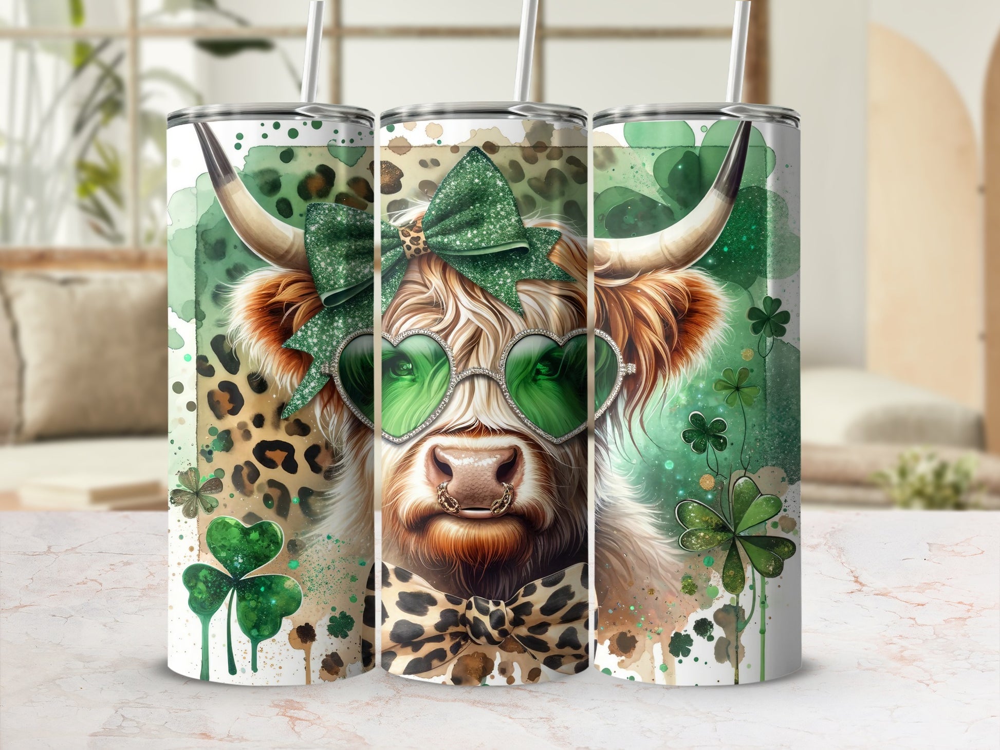 Highland cow wearing heart sunglasses and a green bow, on a tumbler.