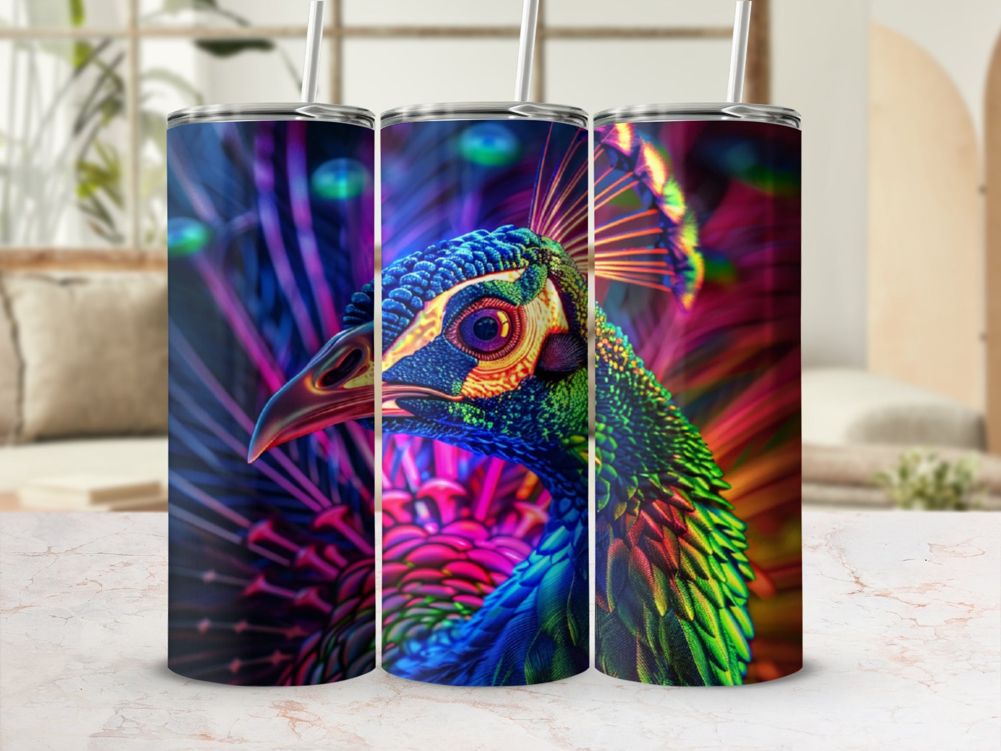 Three tumblers featuring a vibrant peacock design, close-up eye and feathers.