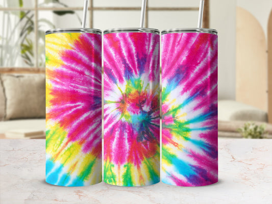 Three tie-dye tumblers with pink, yellow, blue, and green spiral patterns.