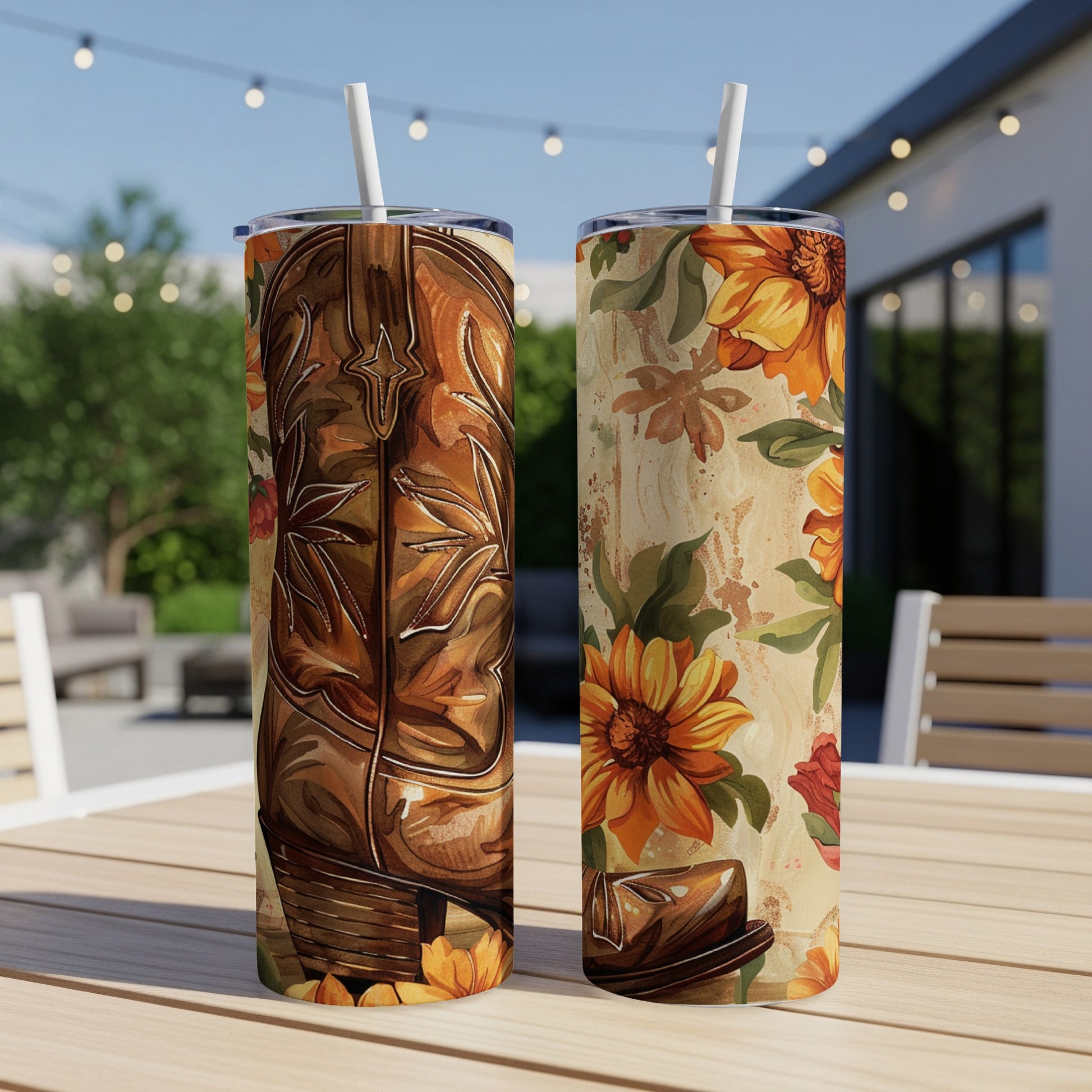 Two tumblers with a cowboy boot and floral design.