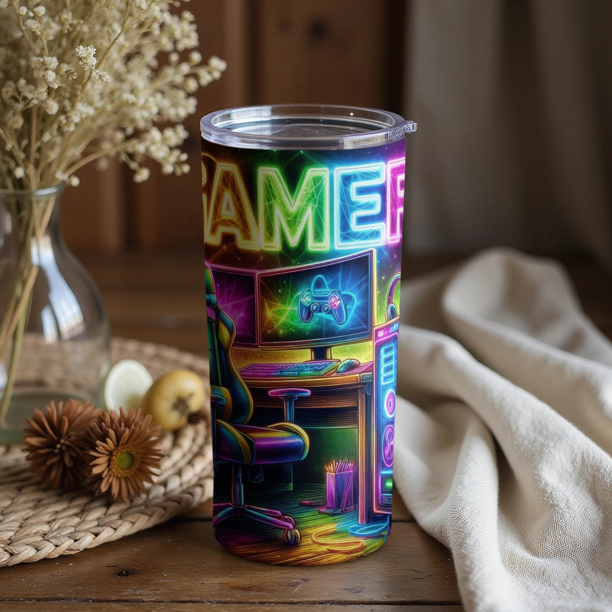 Neon Gamer Desk Setup Design on Tumblers