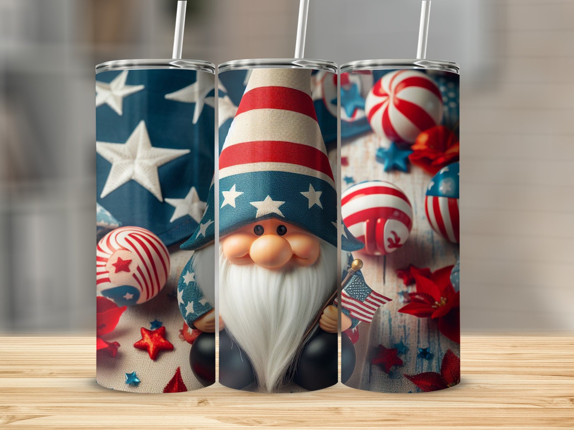 Gnome in patriotic hat and outfit holding an American flag.