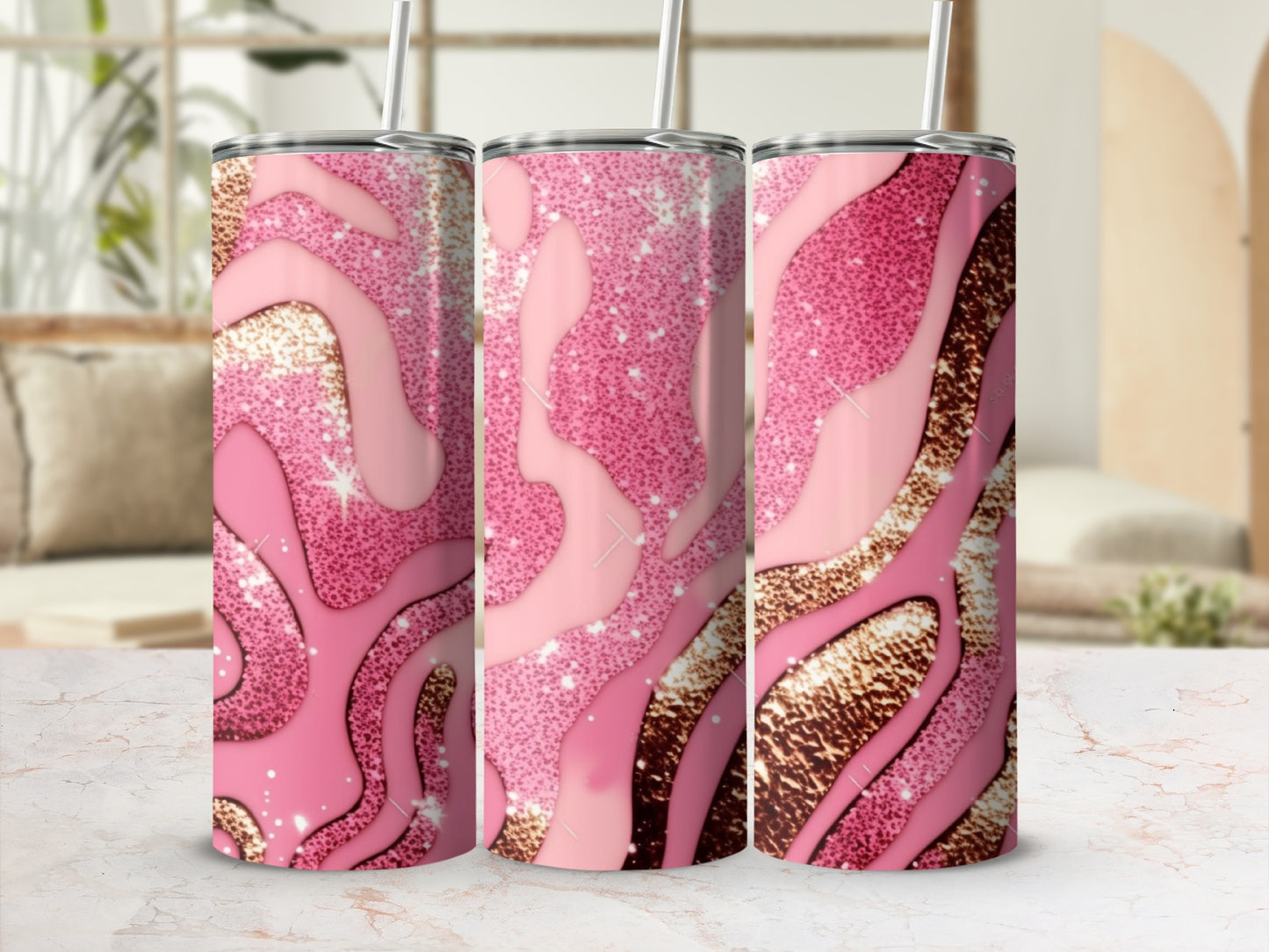 Pink and Gold Glitter Patterned Tumbler Product