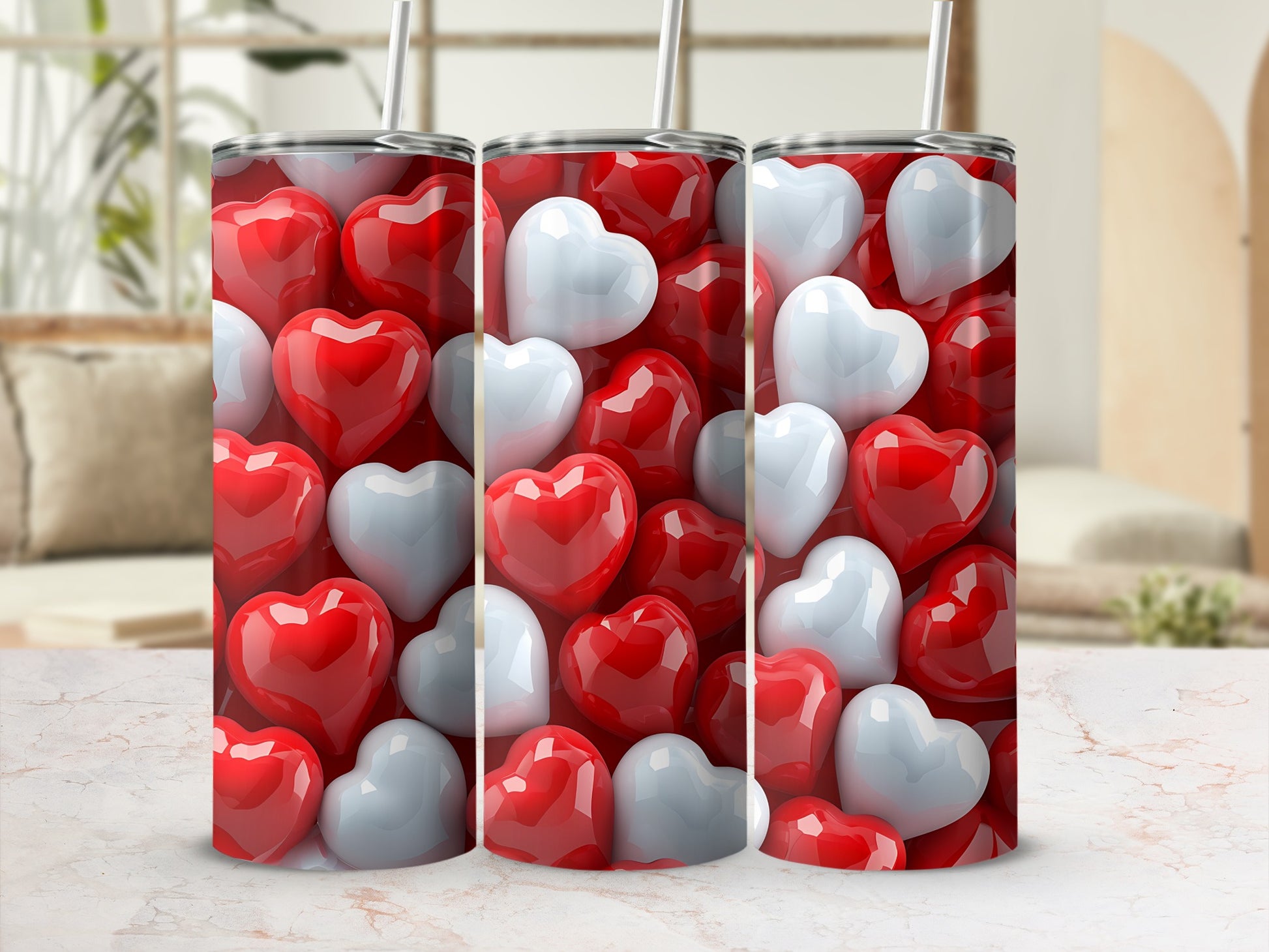 Romantic Red White Glossy Hearts Pattern product type