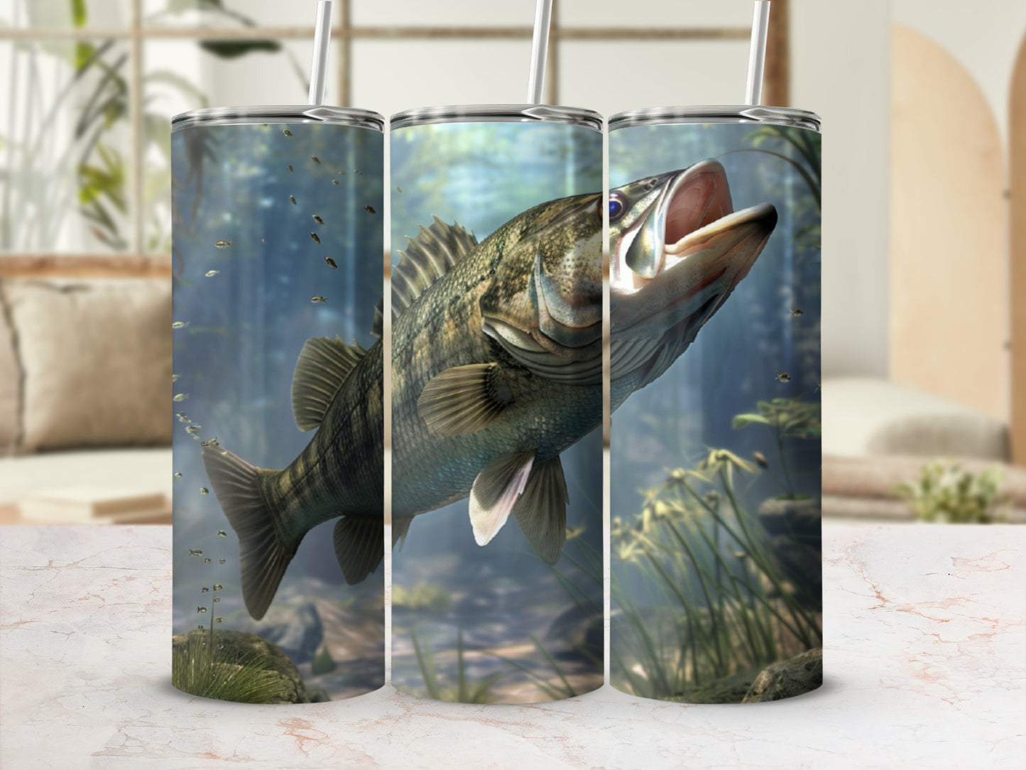 Largemouth bass jumping from water with aquatic plants and small fish.