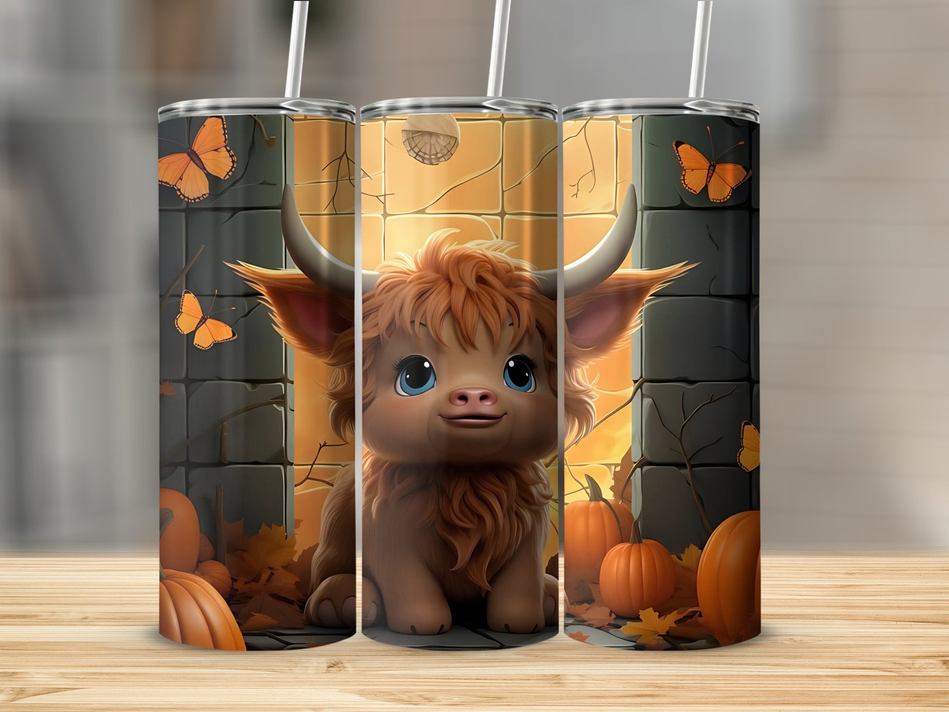 Cute Highland Cow with Pumpkins and Butterflies Tumbler
