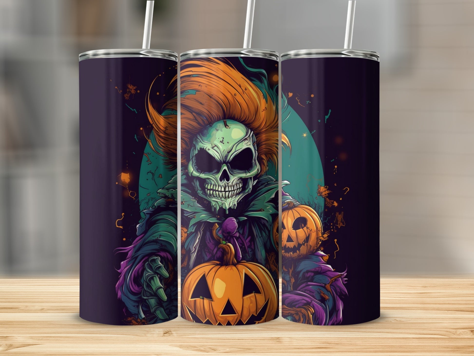 Three tumblers featuring a spooky green skull character with wild orange hair and pumpkins.
