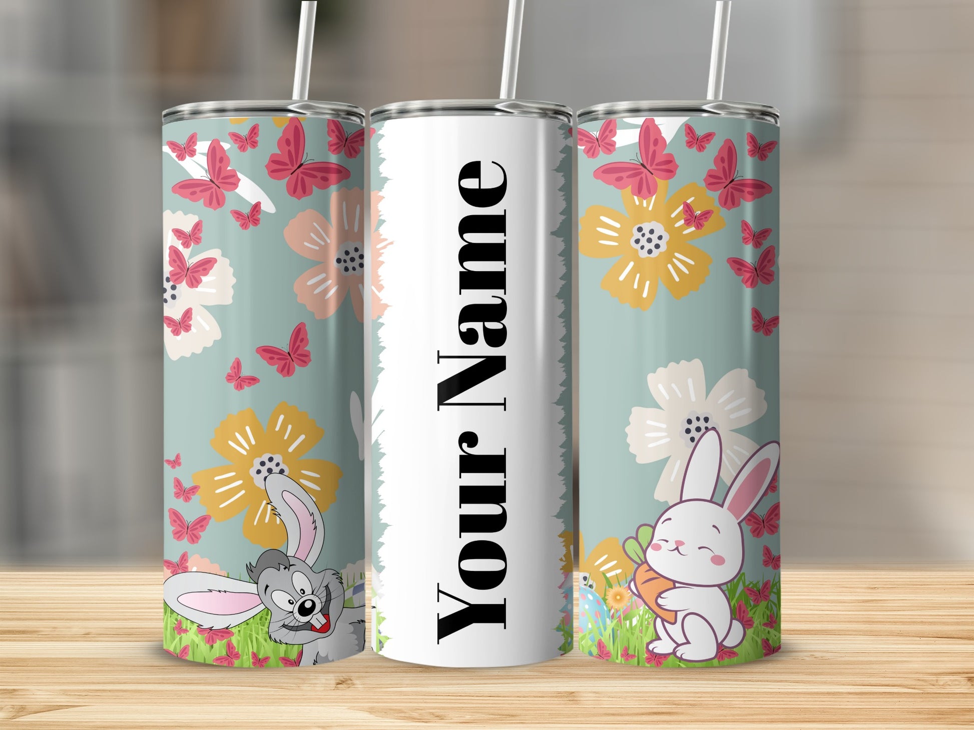 Personalized Floral Bunny and Butterfly Design Tumbler