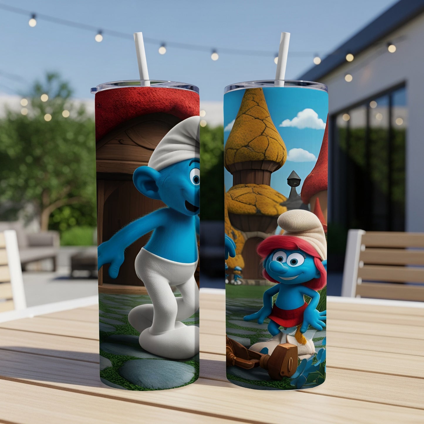 Two Smurf tumblers with Smurf village background.