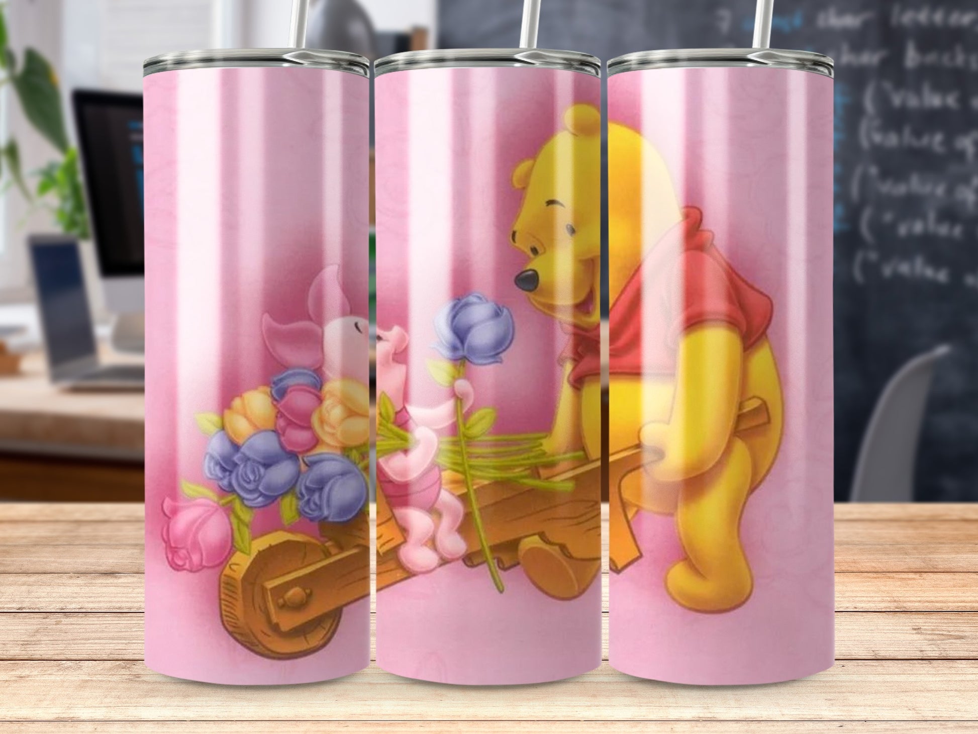 Cute Pink Tumbler with Pooh Bear and Piglet Design
