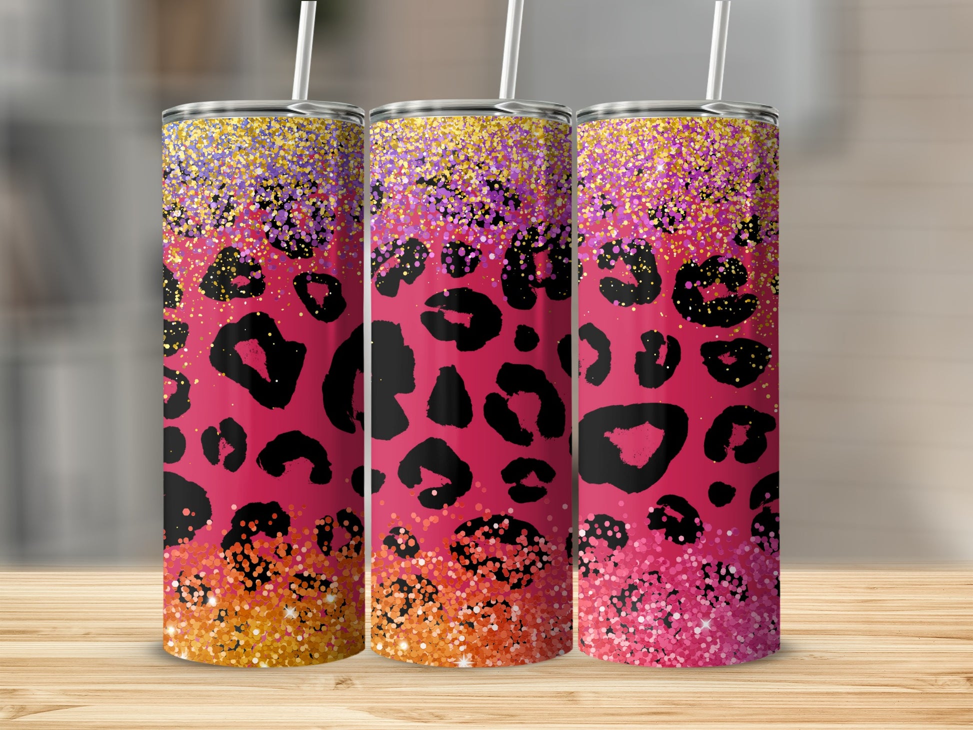 Vibrant Glitter Leopard Print Design Tumbler Cup