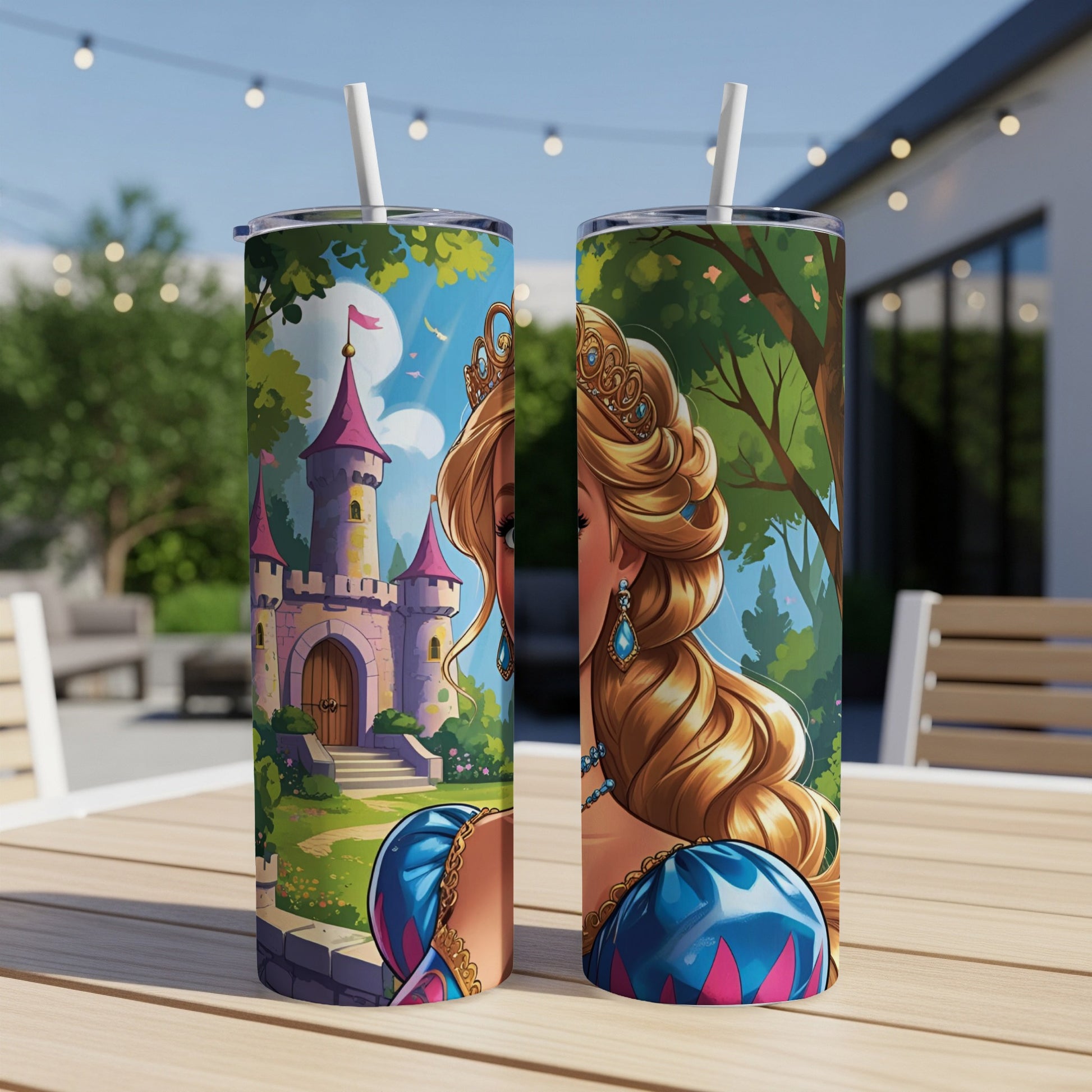Two tumblers featuring a princess in front of a castle and colorful flowers.
