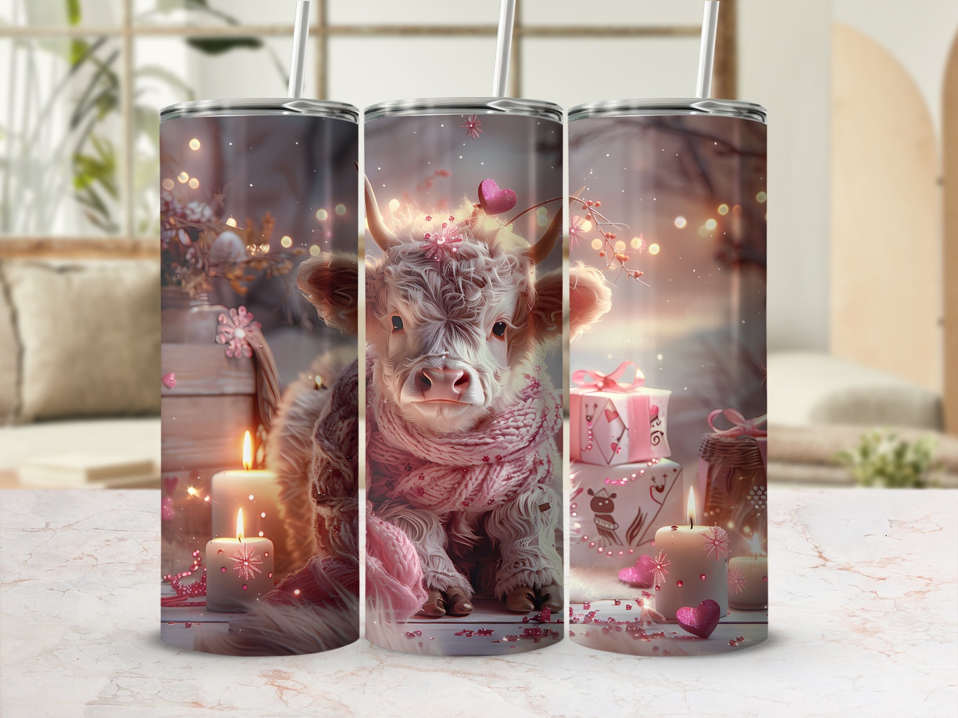 Fluffy Highland cow wearing a pink scarf and heart crown, with gifts and candles.