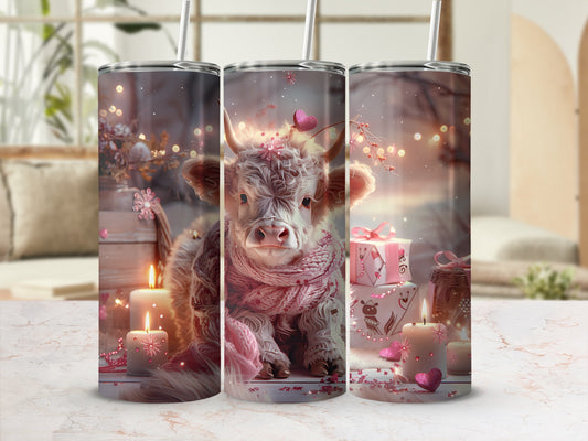 Fluffy Highland cow wearing a pink scarf and heart crown, with gifts and candles.