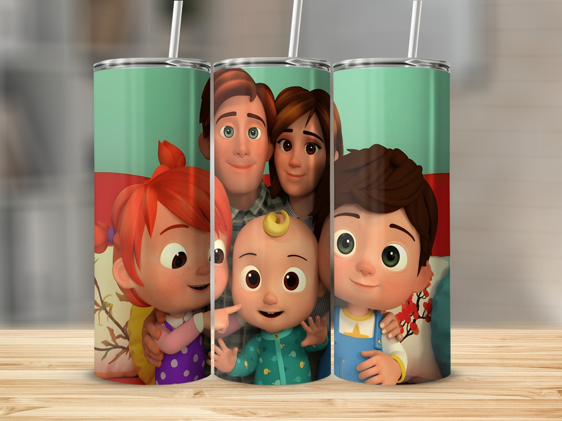Cocomelon family characters on a green and pink striped background, on a tumbler.