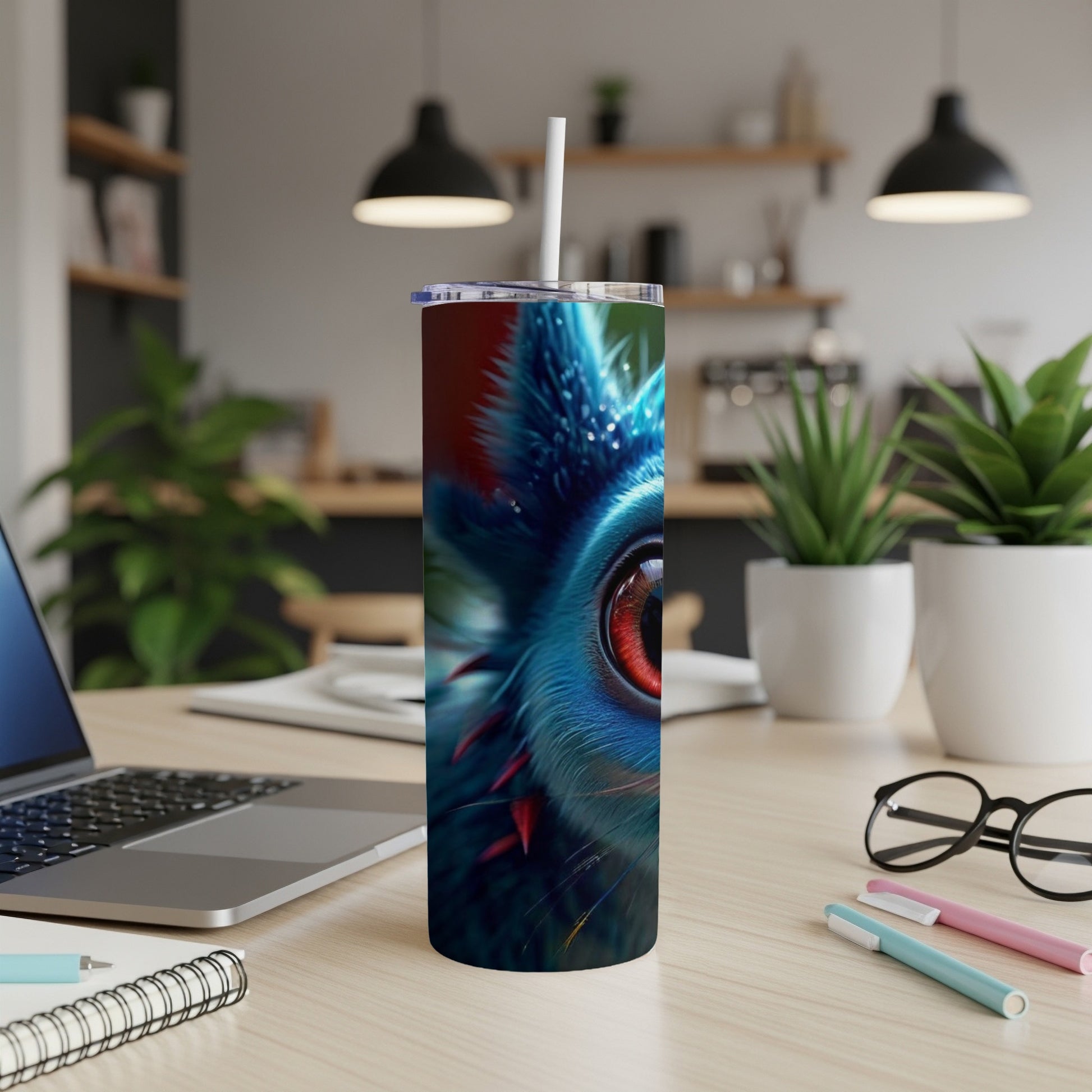 Blue creature with red eye on a skinny tumbler with straws and pens.