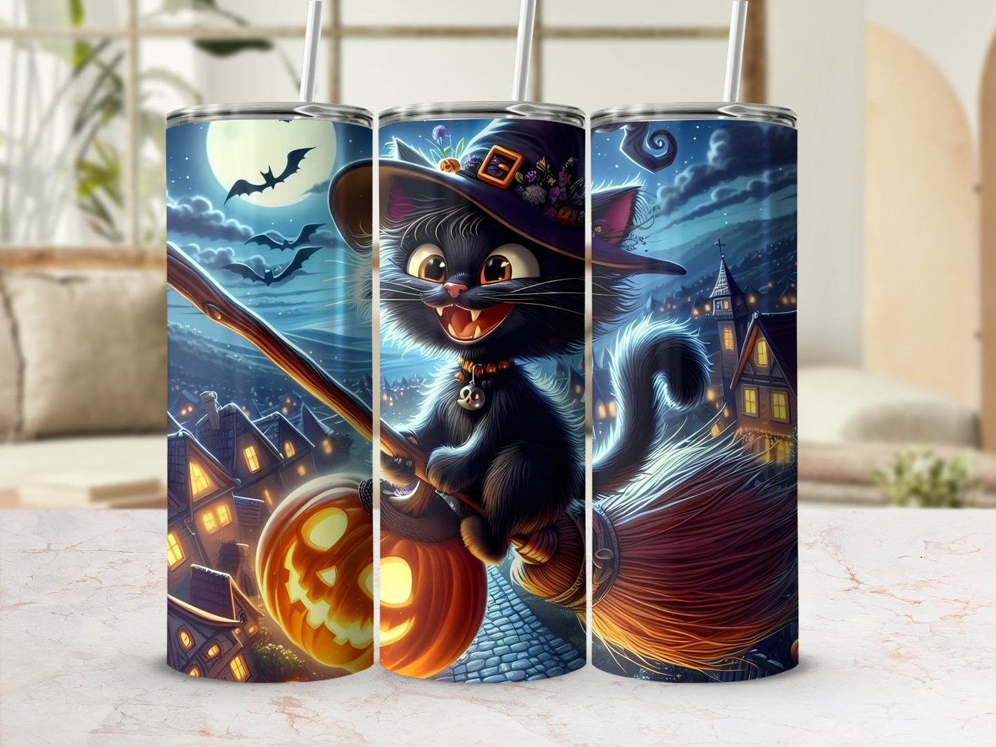 Halloween black cat in witch hat flying on broomstick with pumpkin and bats.
