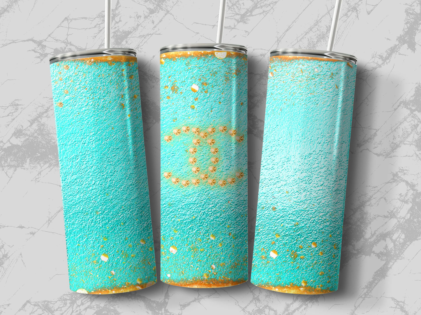 Aqua and Gold Sparkled Design Insulated Tumbler