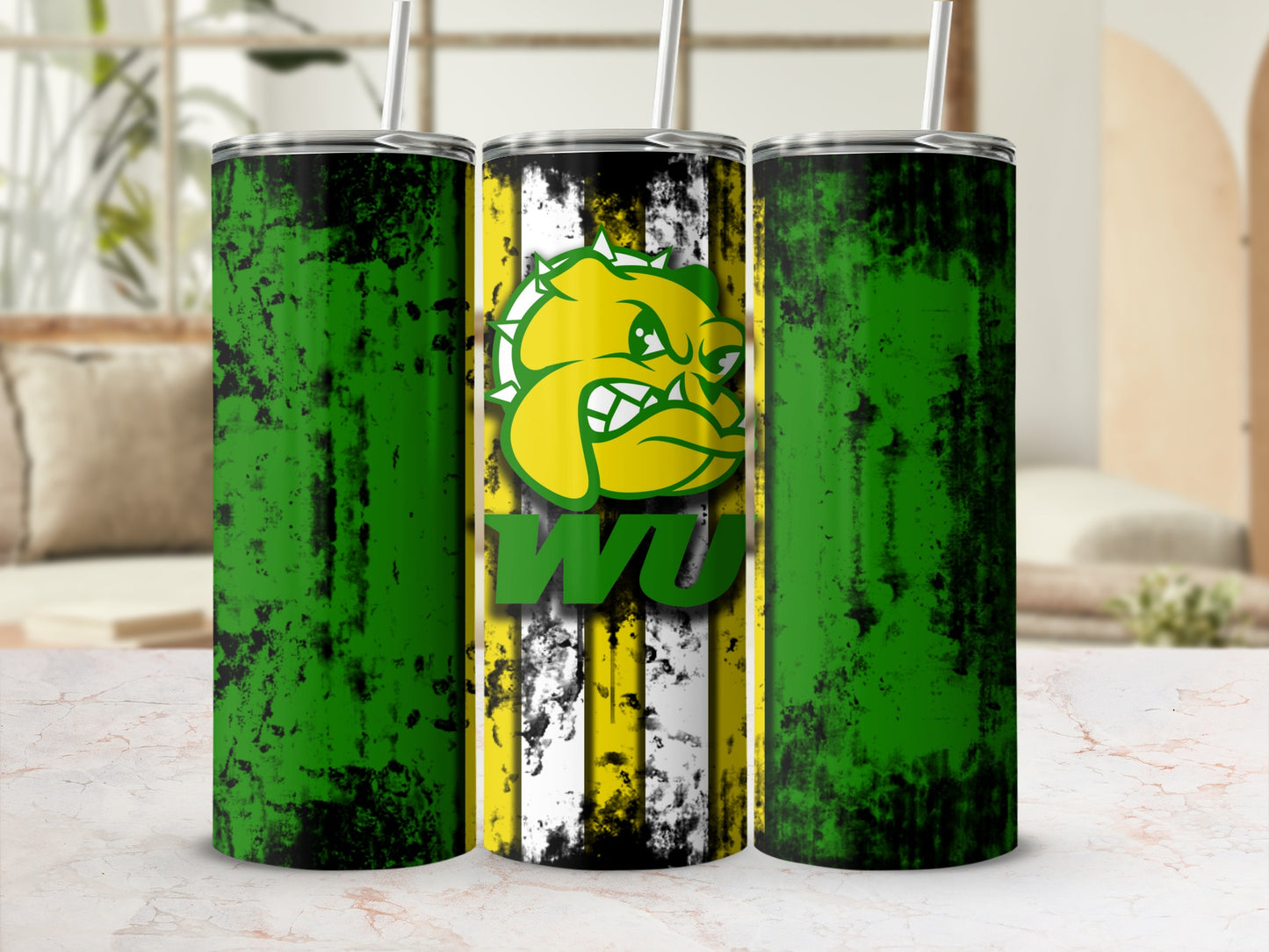 Three tumblers with a distressed green design and a yellow, black, and white striped center tumbler featuring a bulldog logo and "WU."