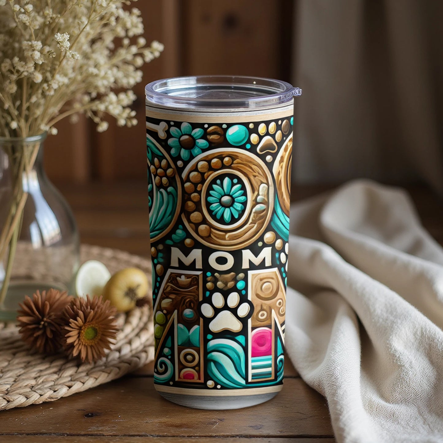 Mom Design Tumbler with Colorful Intricate Patterns