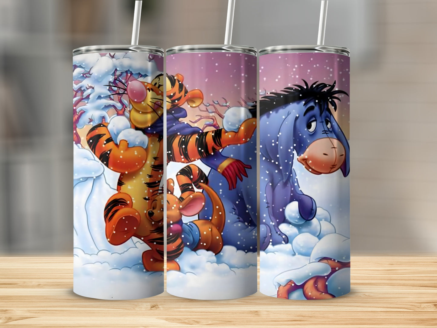 Pooh With Tigger Roo and Eeyore Playing in Snow Tumblers
