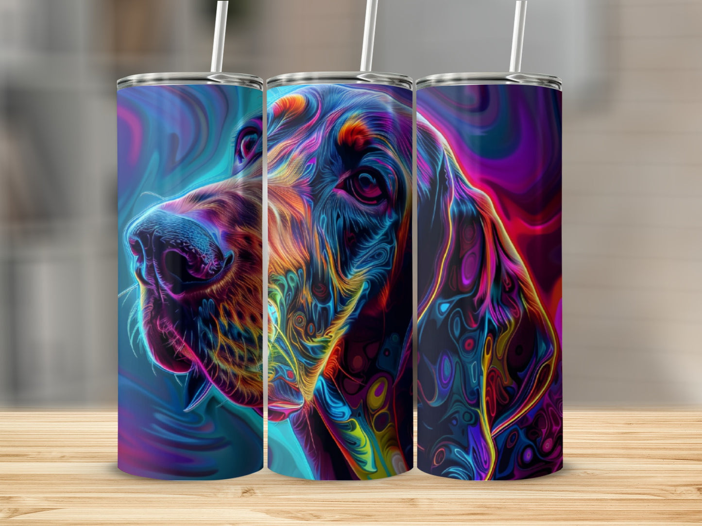 Abstract colorful dog portrait on three tall tumblers with straws.