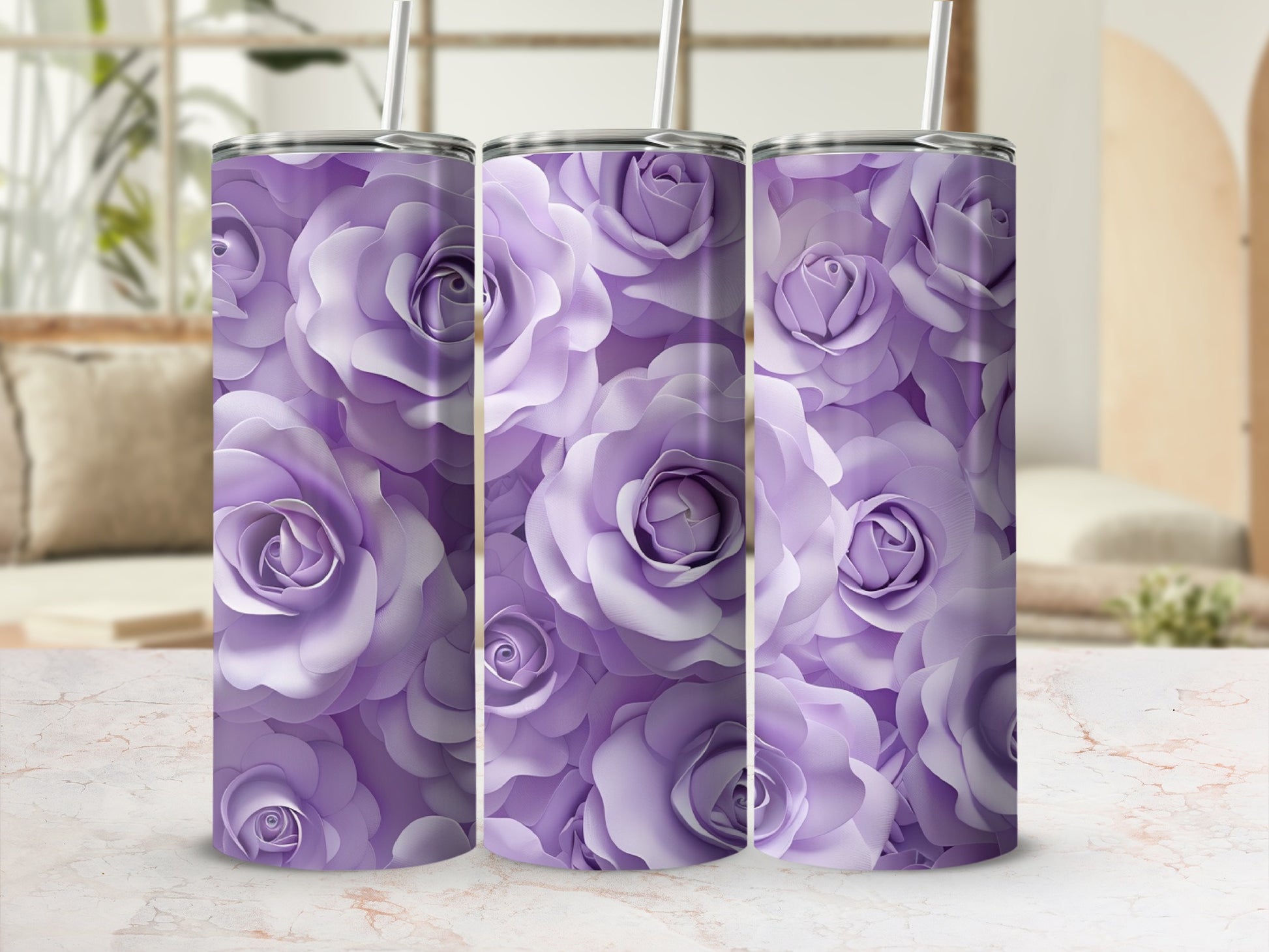Three tumblers featuring a seamless pattern of light purple roses.