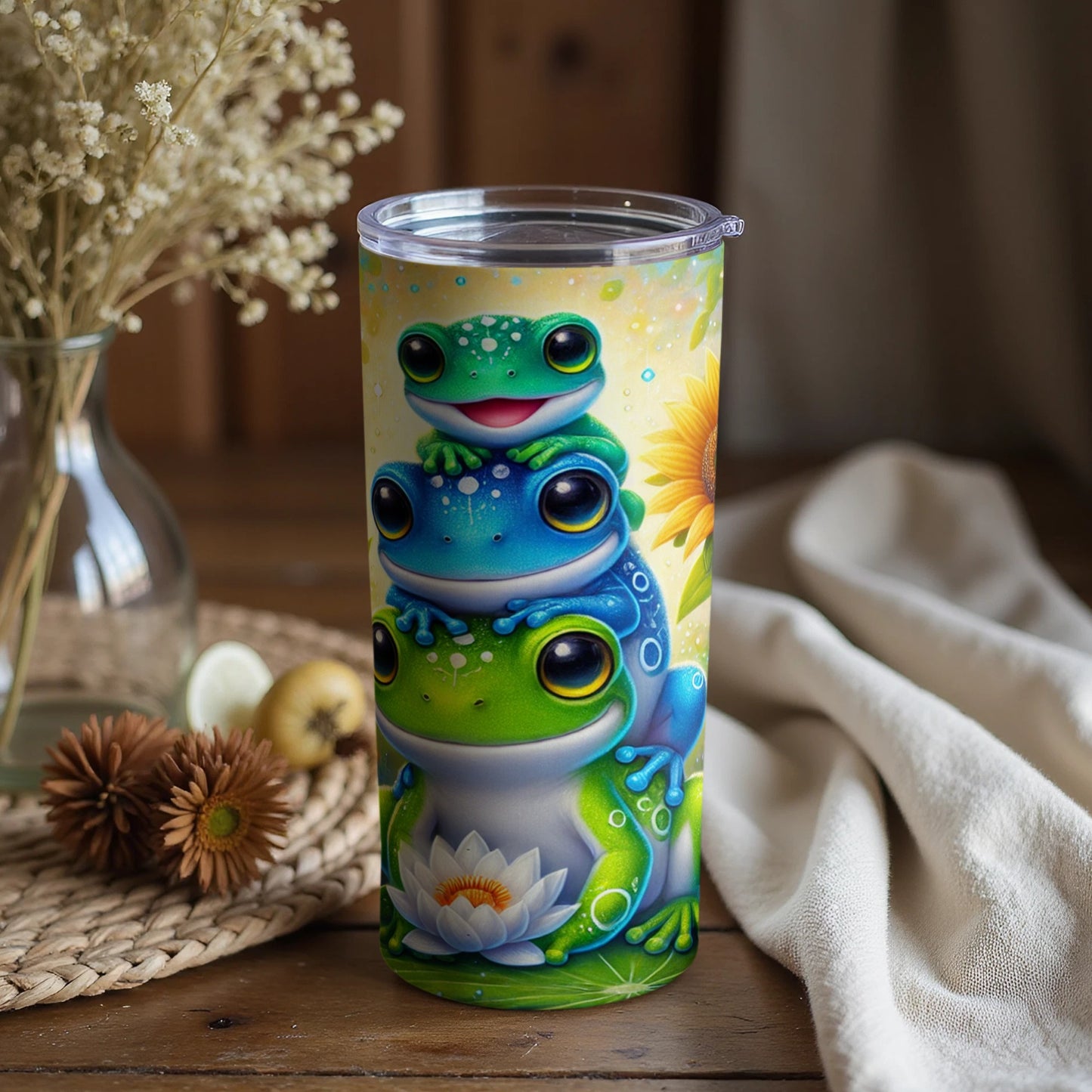 Colorful Frogs with Sunflower and Lotus Drink Tumbler