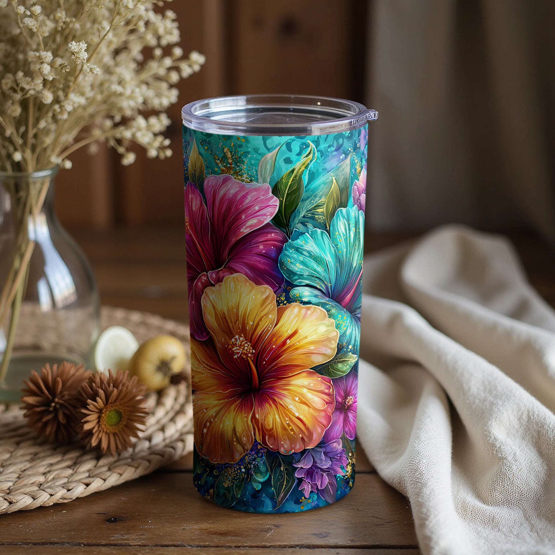 Vibrant Tropical Floral Insulated Tumbler with Lid