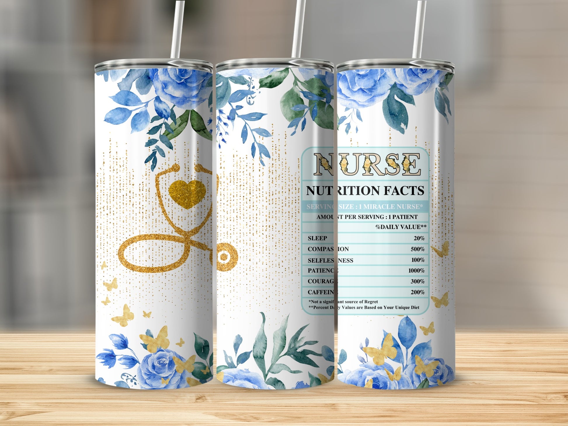 Floral nurse tumbler with nutrition facts label, gold accents, and butterflies.