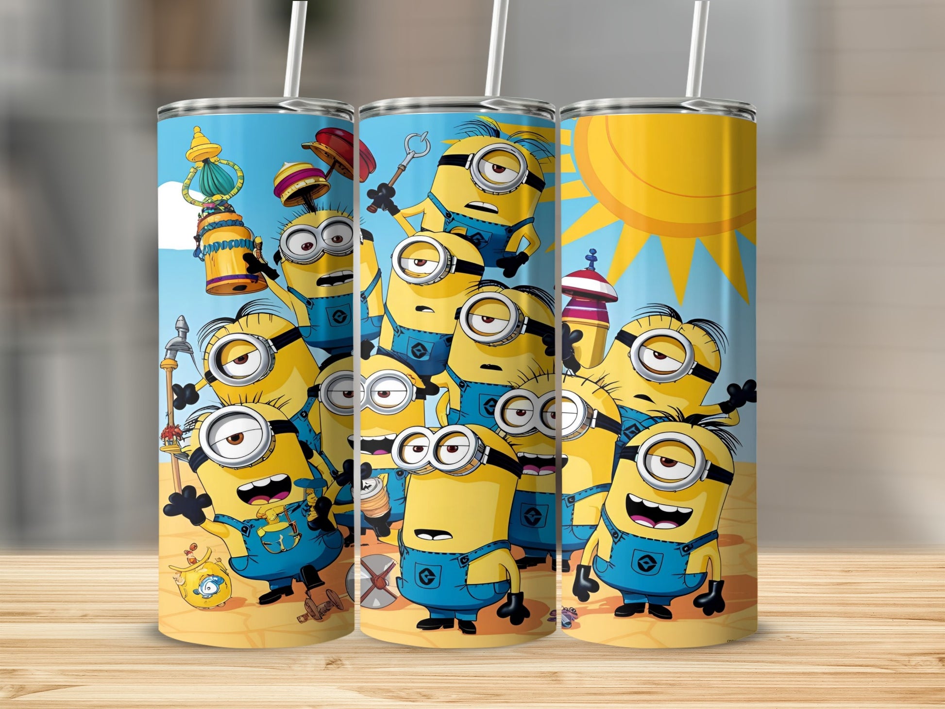 Minions wearing blue overalls on a yellow background with straws.